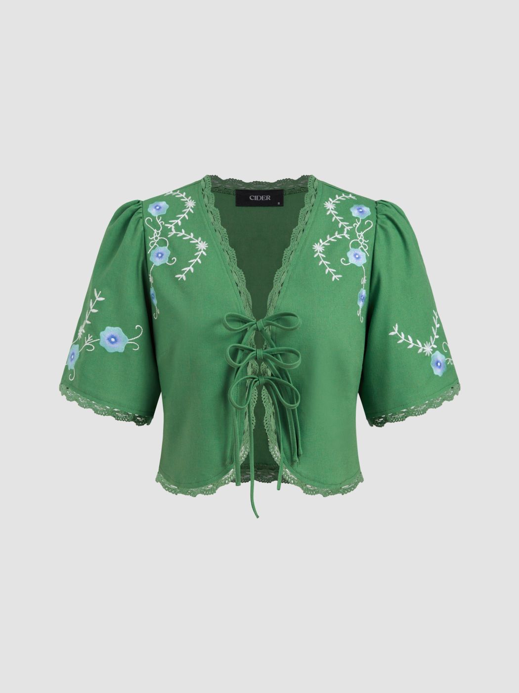 Linen-blend V-neck Embroidery Lace Trim Tie Front Crop Blouse