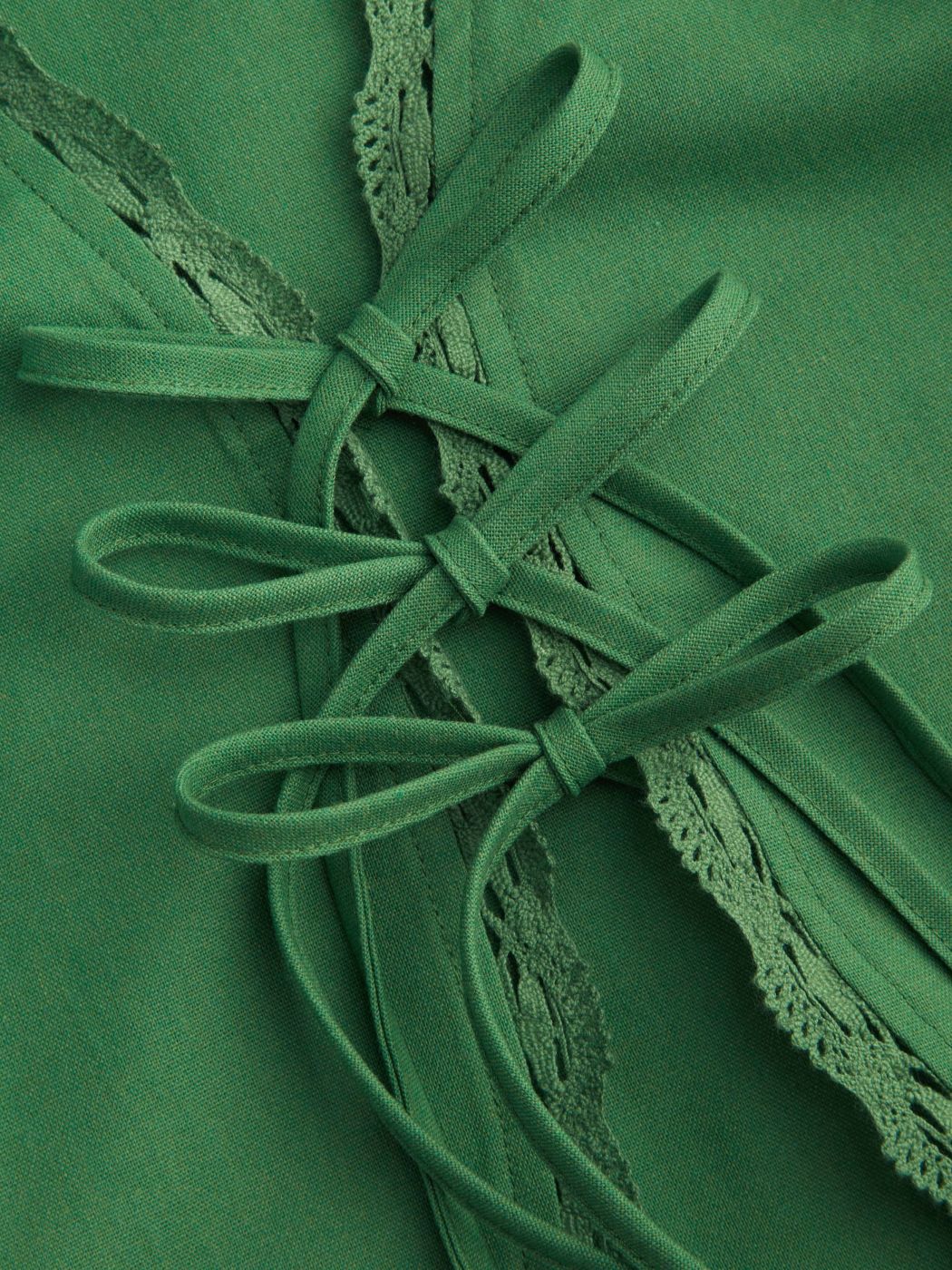 Linen-blend V-neck Embroidery Lace Trim Tie Front Crop Blouse