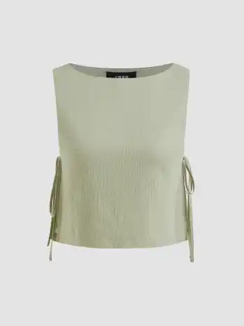 Conjunto de top de cuello en barco de mezcla de algodón con nudo y pantalones rectos con encaje