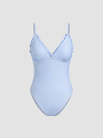 Shaping V-neck Stripe Lettuce Trim One Piece Swimsuit