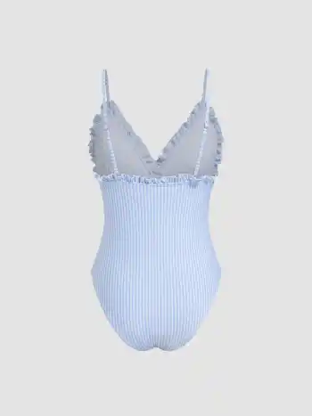 Shaping V-neck Stripe Lettuce Trim One Piece Swimsuit
