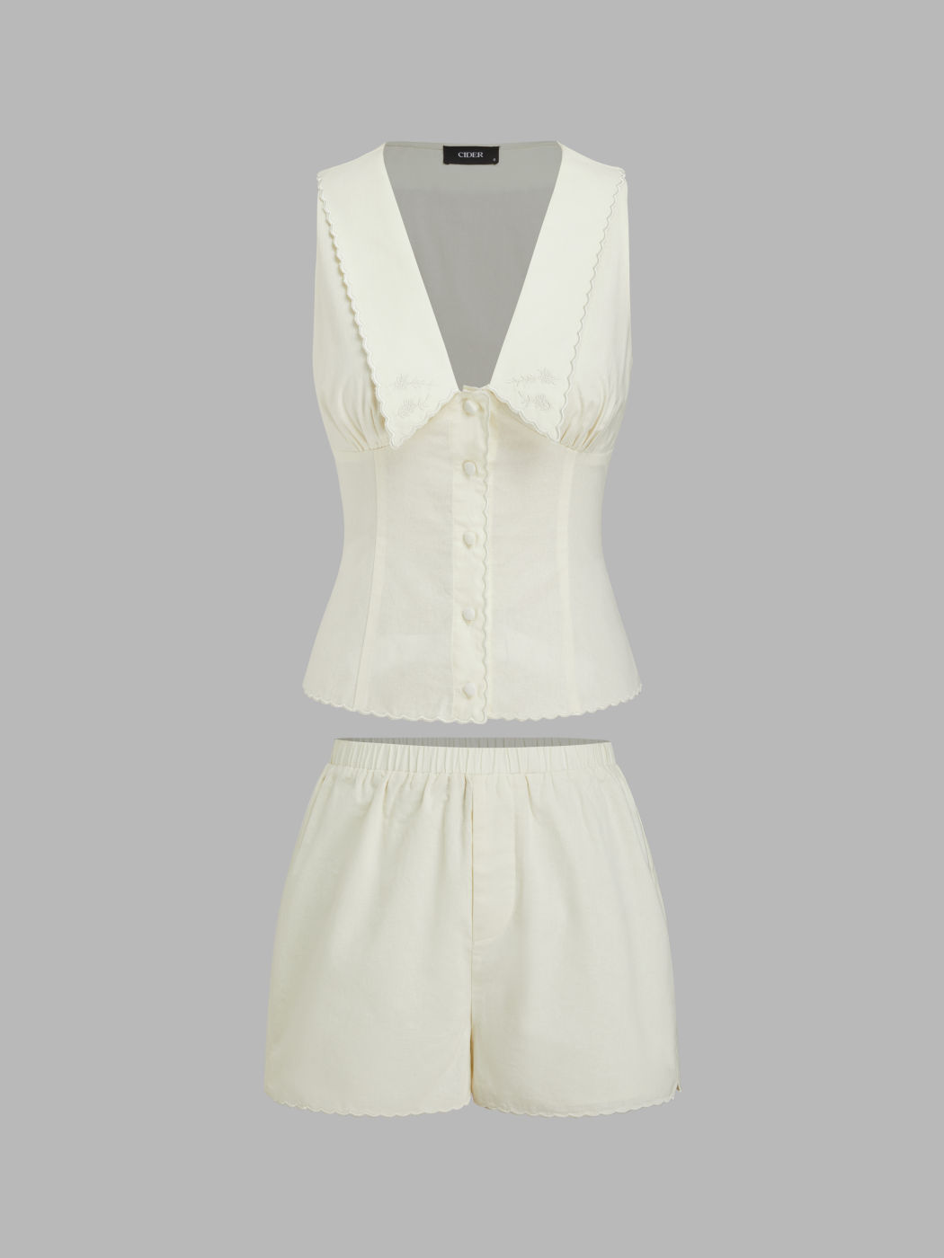 Cotton Collar Embroidery Tank Top & Mid Rise Elastic Waist Split Shorts Set