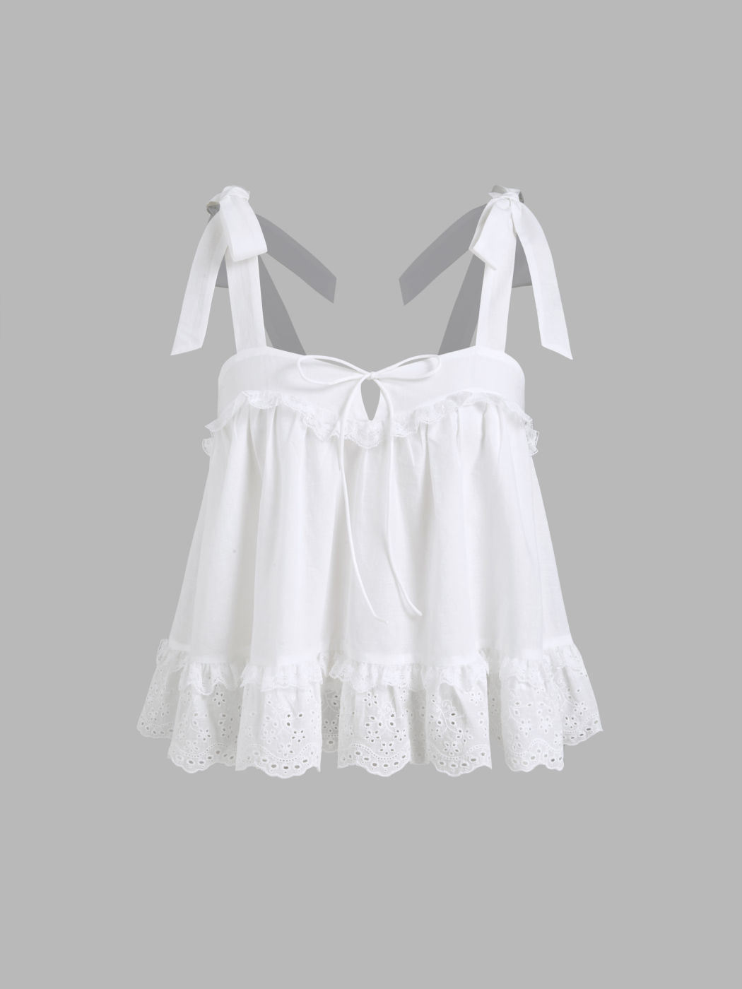 Cotton Broderie Anglaise Lace Trim Bowknot Top & Mid Rise Elastic Waist Shorts Set
