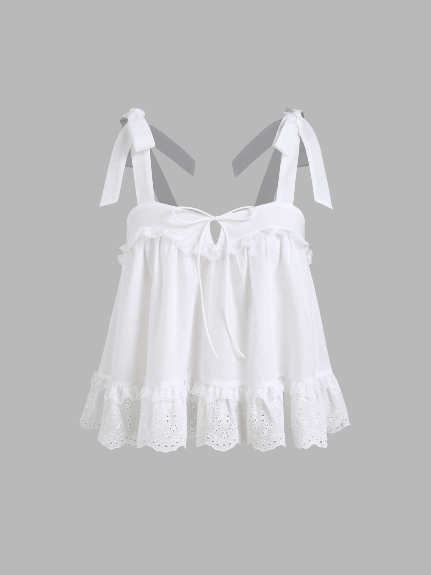 Cotton Broderie Anglaise Lace Trim Bowknot Top & Mid Rise Elastic Waist Shorts Set