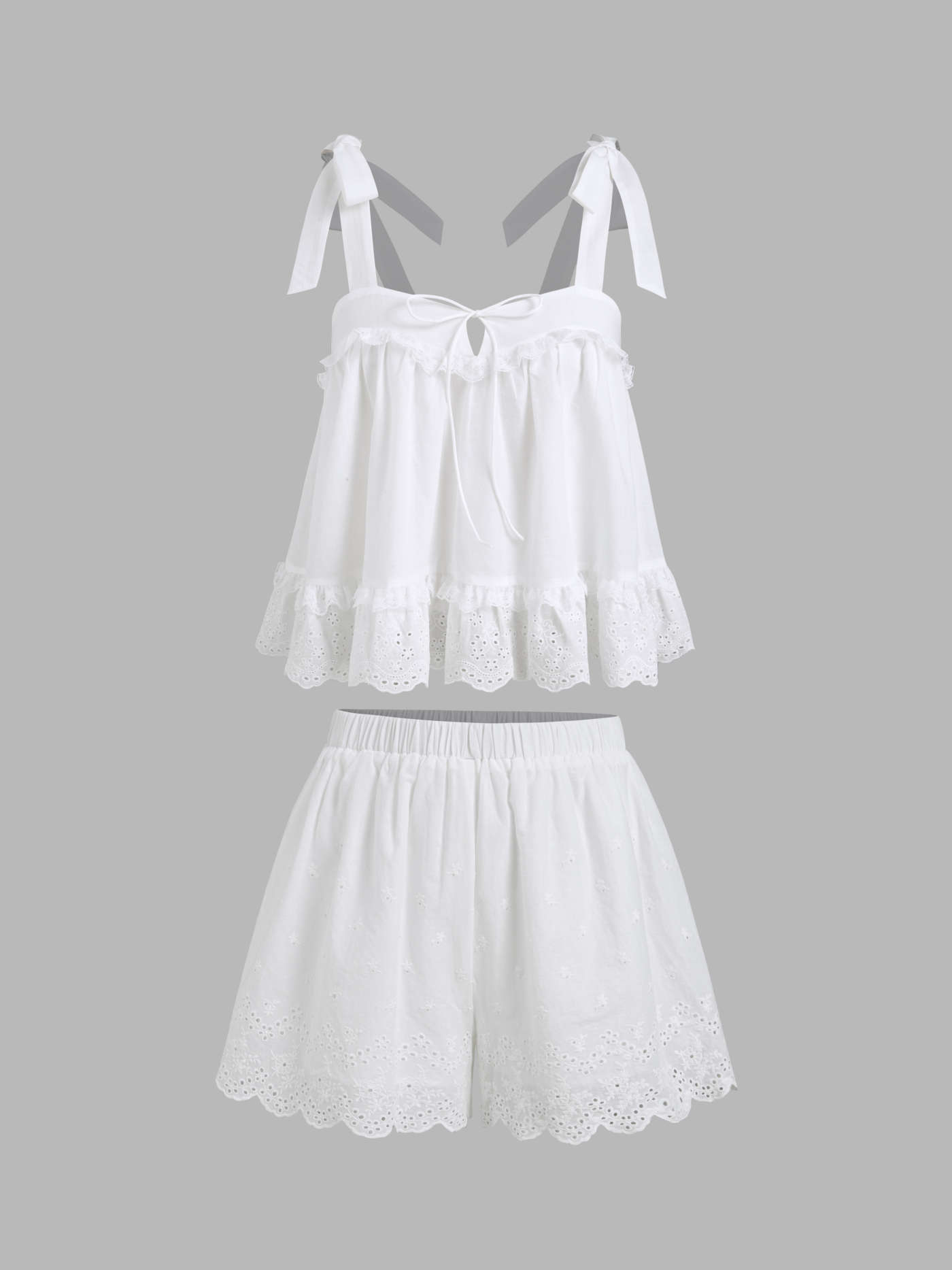 Cotton Broderie Anglaise Lace Trim Bowknot Top & Mid Rise Elastic Waist Shorts Set