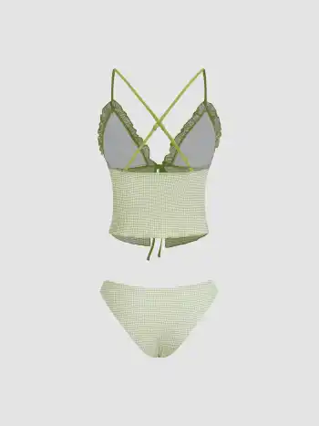 V-neck Gingham Bowknot Lettuce Trim Tankini Bikini Set