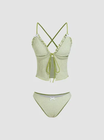 V-neck Gingham Bowknot Lettuce Trim Tankini Bikini Set