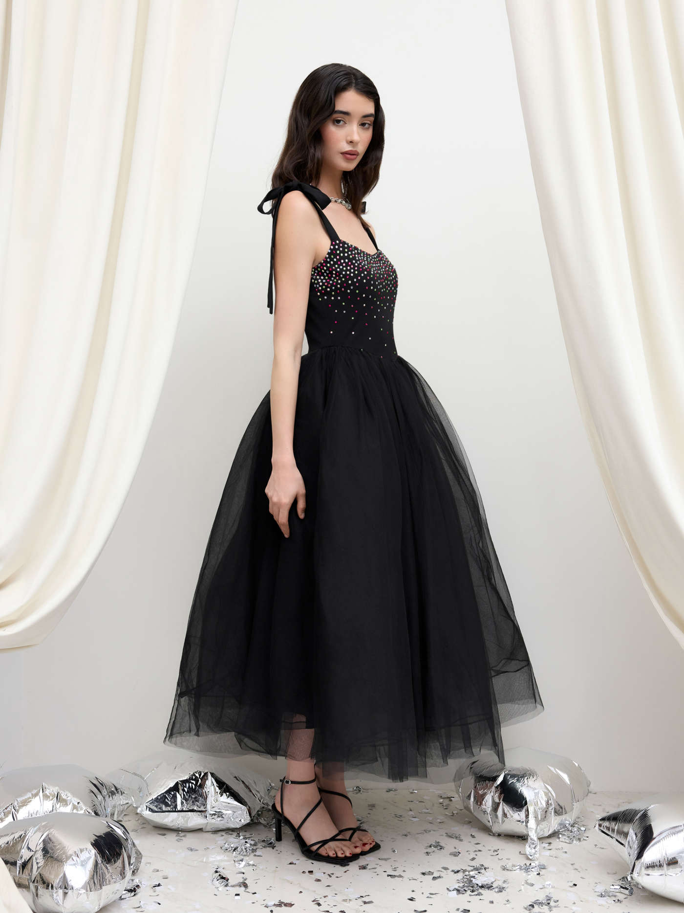 Tulle Square Neck Rhinestone Knotted Maxi Dress
