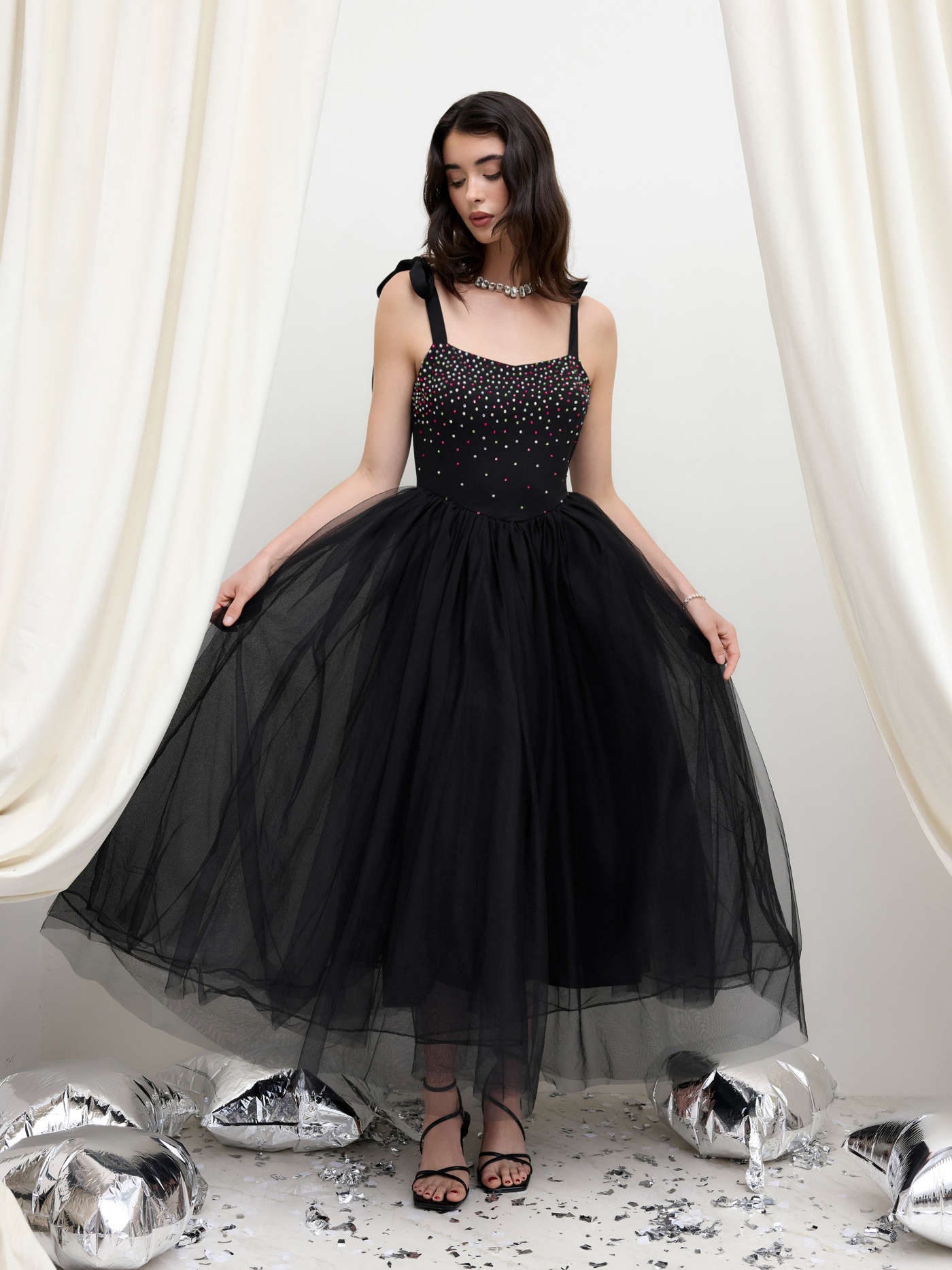 Tulle Square Neck Rhinestone Knotted Maxi Dress