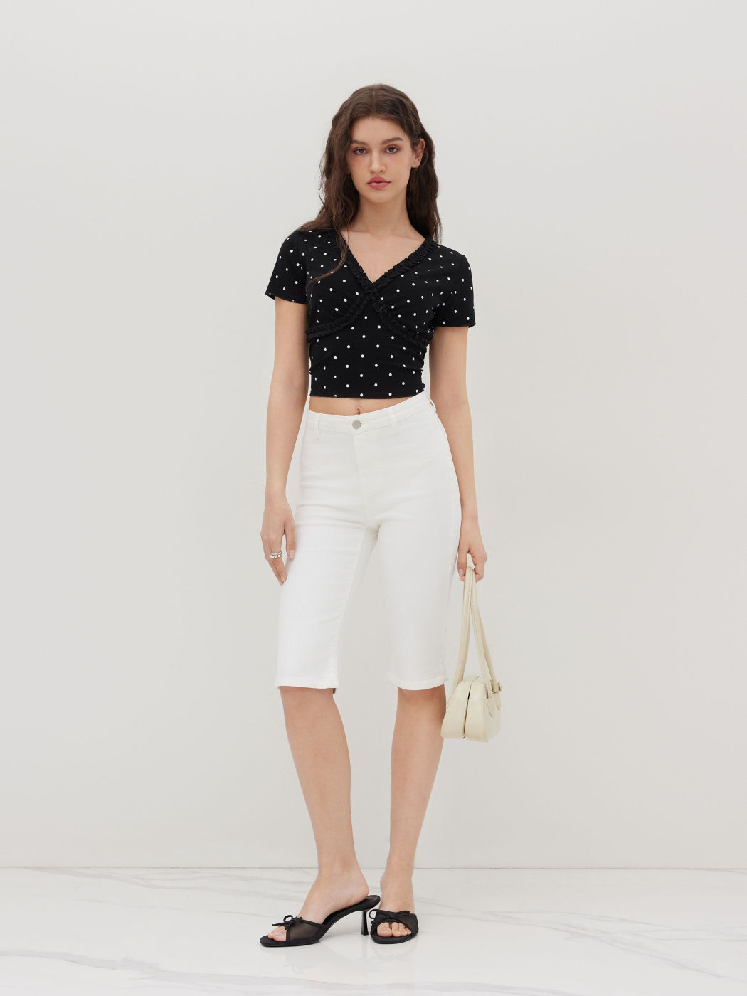 Cotton-blend V-neck Polka Dot Lettuce Trim Top