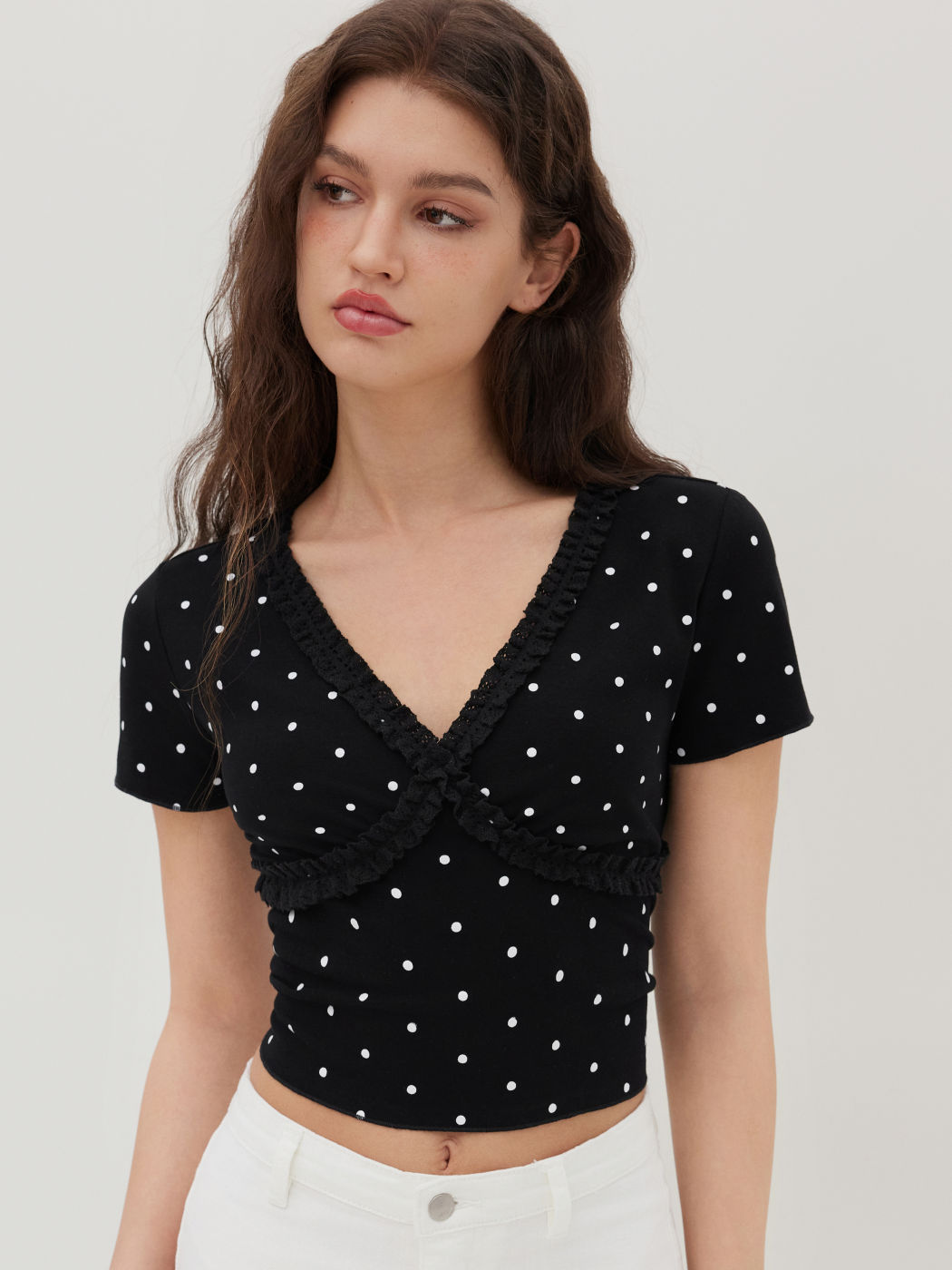Cotton-blend V-neck Polka Dot Lettuce Trim Top