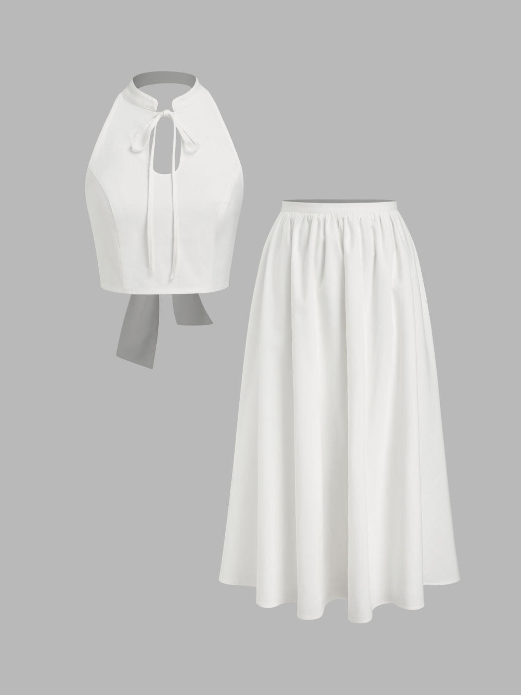 Linen-blend Halter Neckline Stand Collar Backless Knotted Top With Maxi Skirt