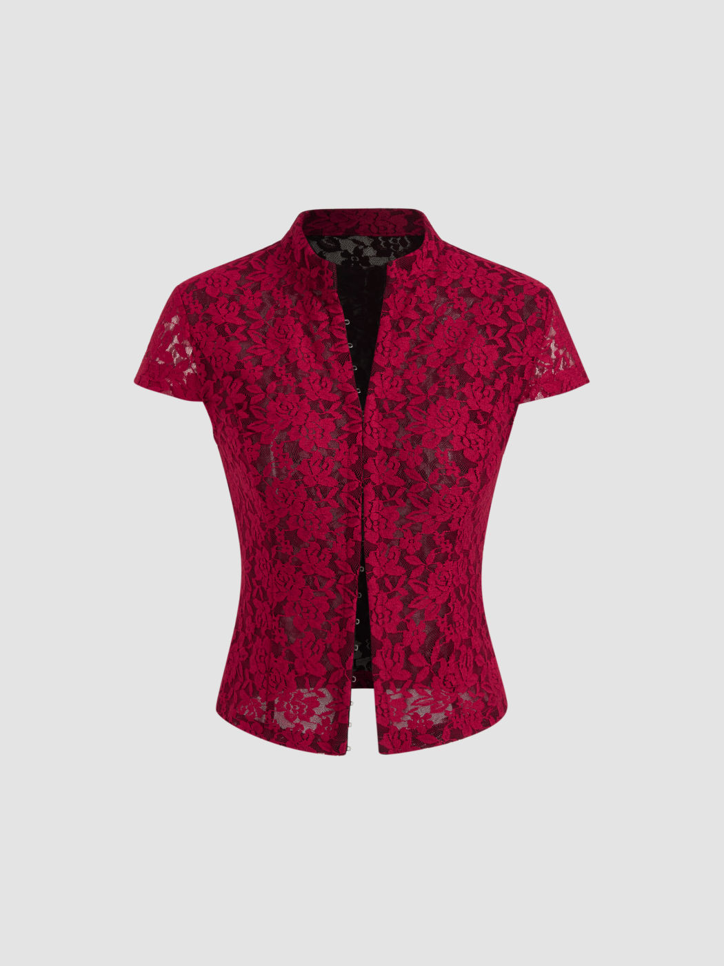 Stand Collar Lace Floral Hook And Eye Blouse