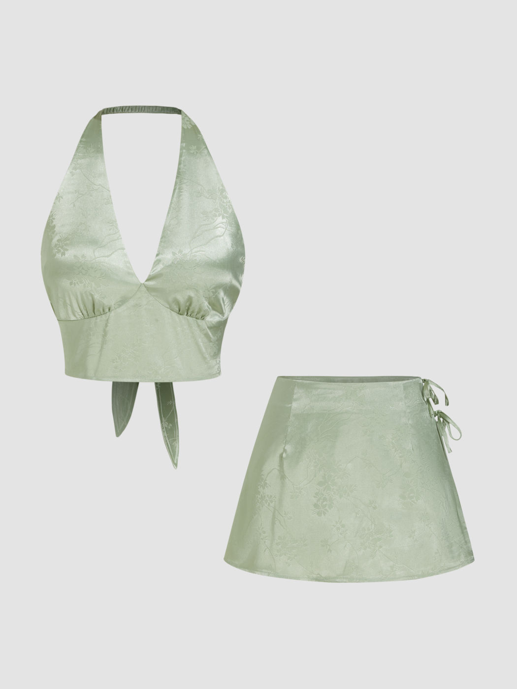 Satin Halter Neckline Floral Top With Knotted A-line Mini Skirt