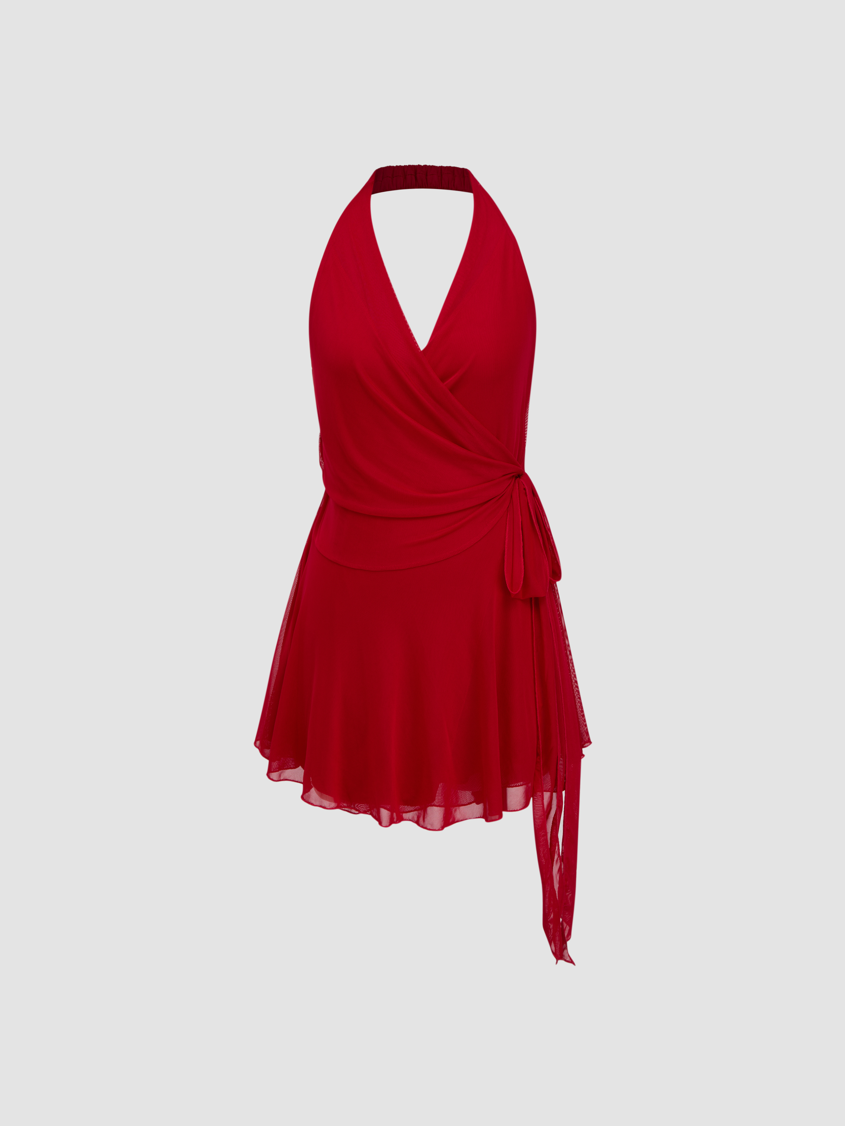Mesh Halter Neckline Wrap Ruffle Mini Dress