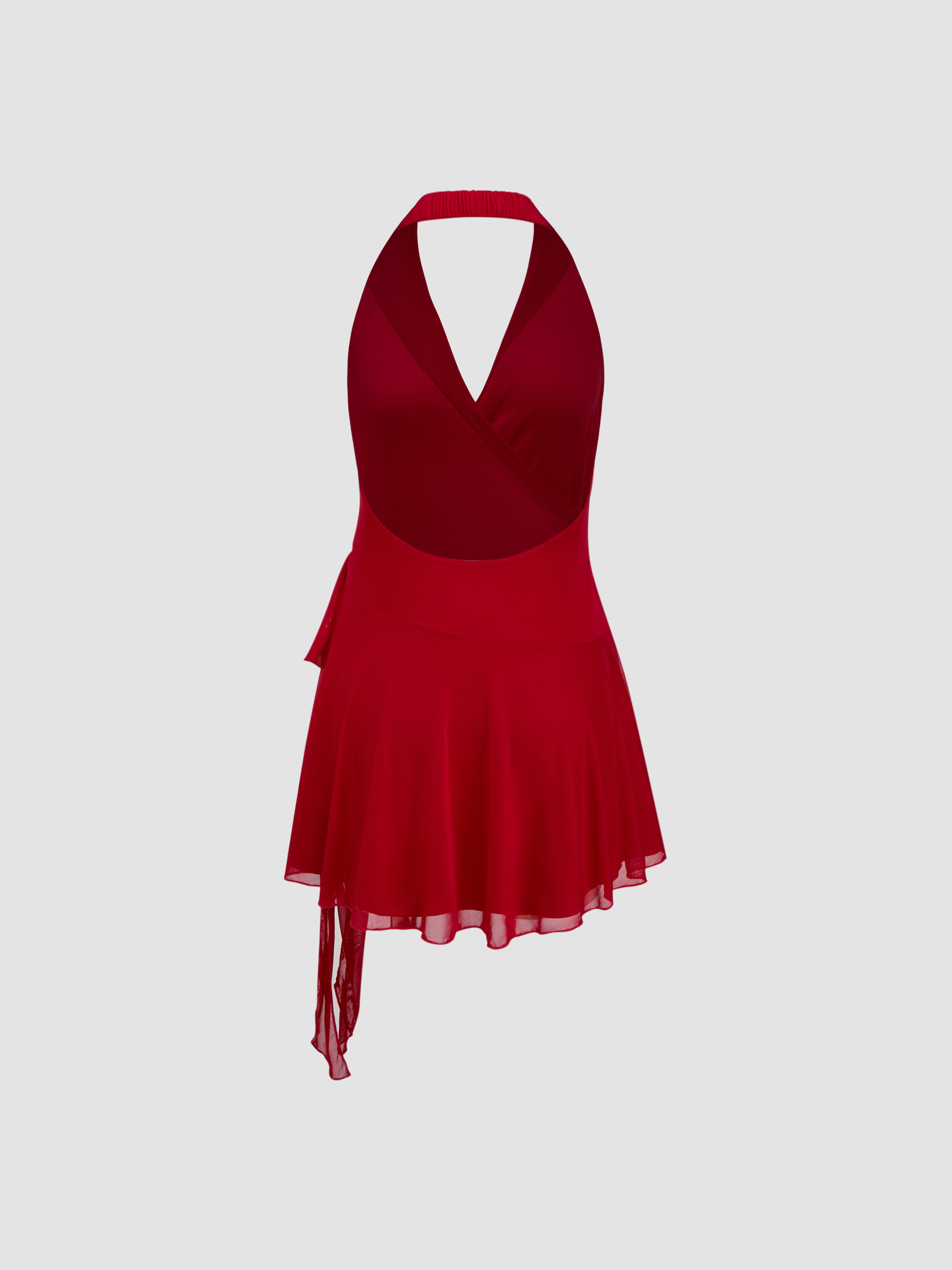 Mesh Halter Neckline Wrap Ruffle Mini Dress