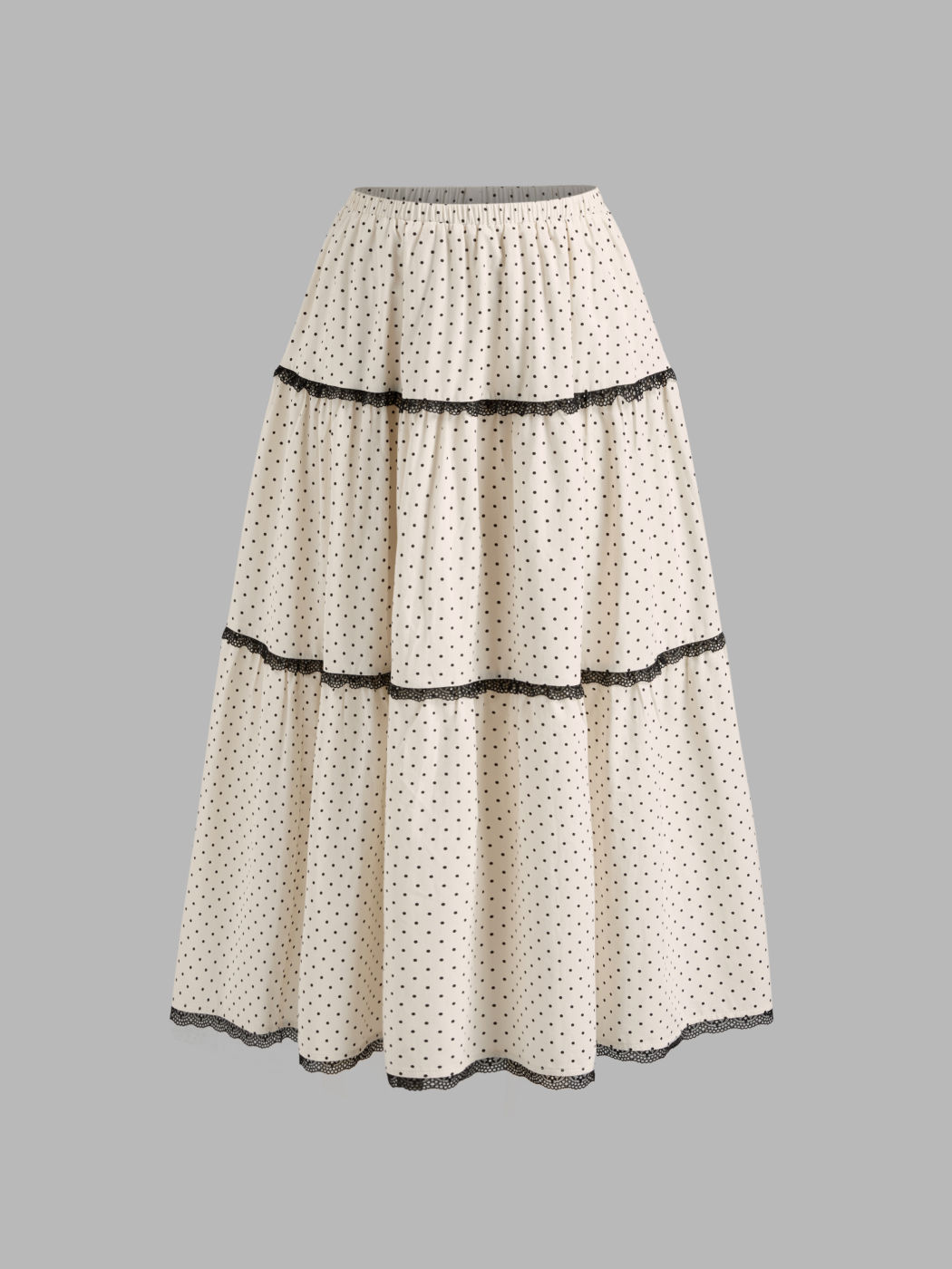 Baumwoll-Polka-Dot-Maxi-Skirt mit Kontrastborten und Spitzenbesatz