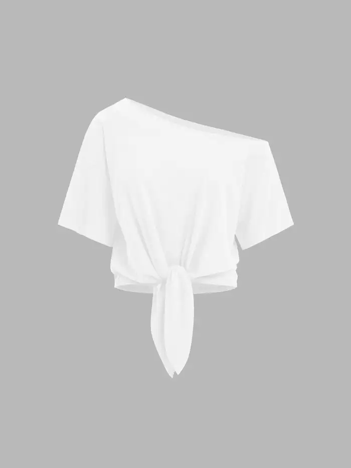 Asymmetrical Neck Off-shoulder Knotted Oversized Tee