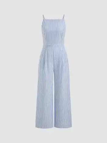 Cotton-blend Boat Neck Stripe Knotted Shirred Straight Leg Jumpsuit