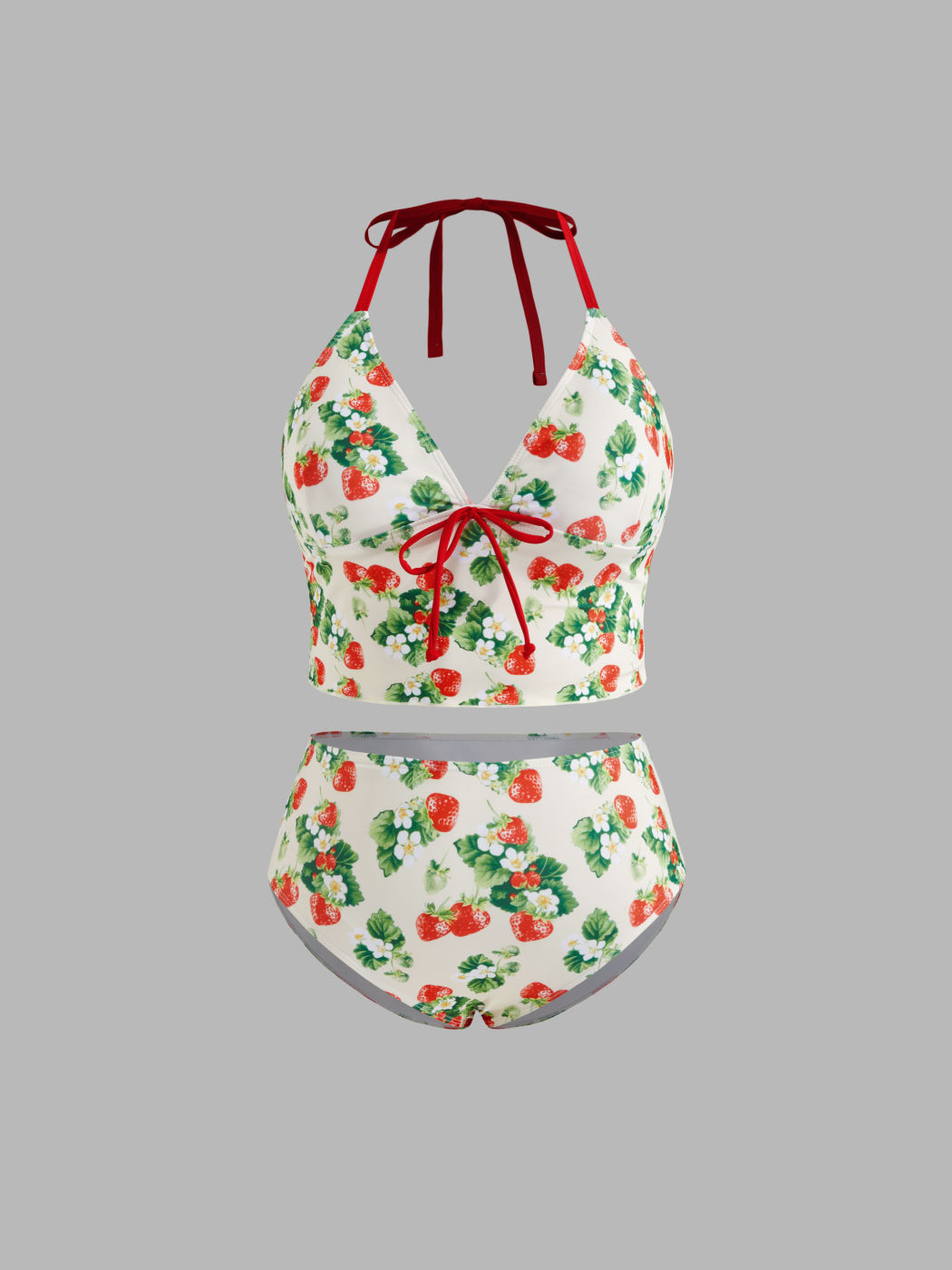 V-neck Strawberry Knotted Halter Full Coverage Bikini Set Curve & Plus