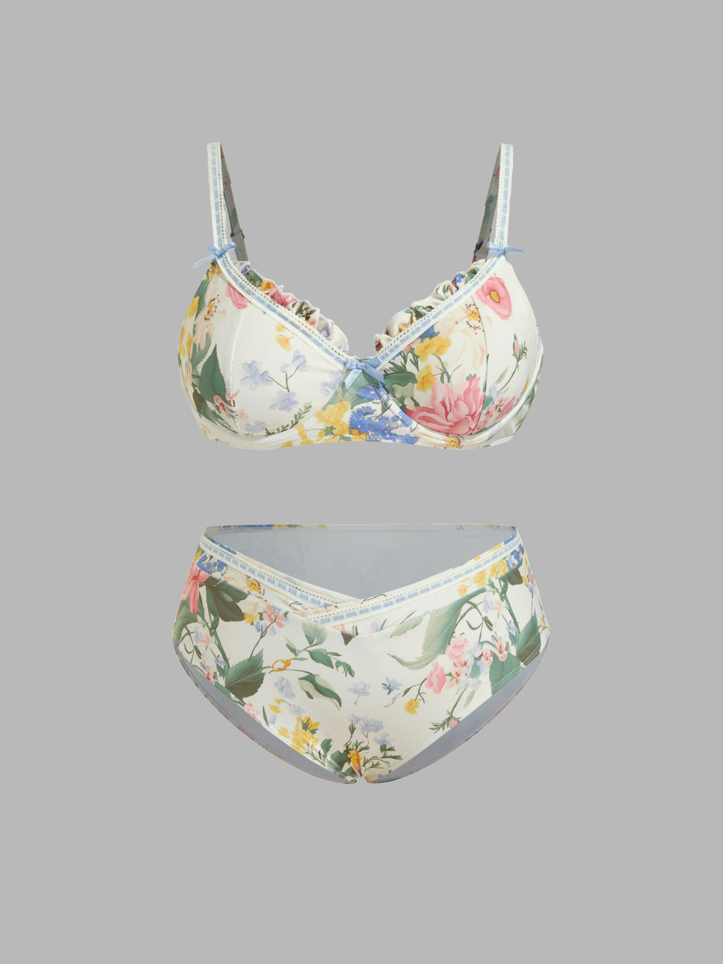 Set Bikini Curve & Plus con Ferretto Coprente con Fiocco Floreale e Bordi a Lattuga