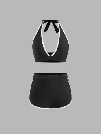 V-Ausschnitt Kontrastbinder Halter Bikini-Set mit Vollabdeckung