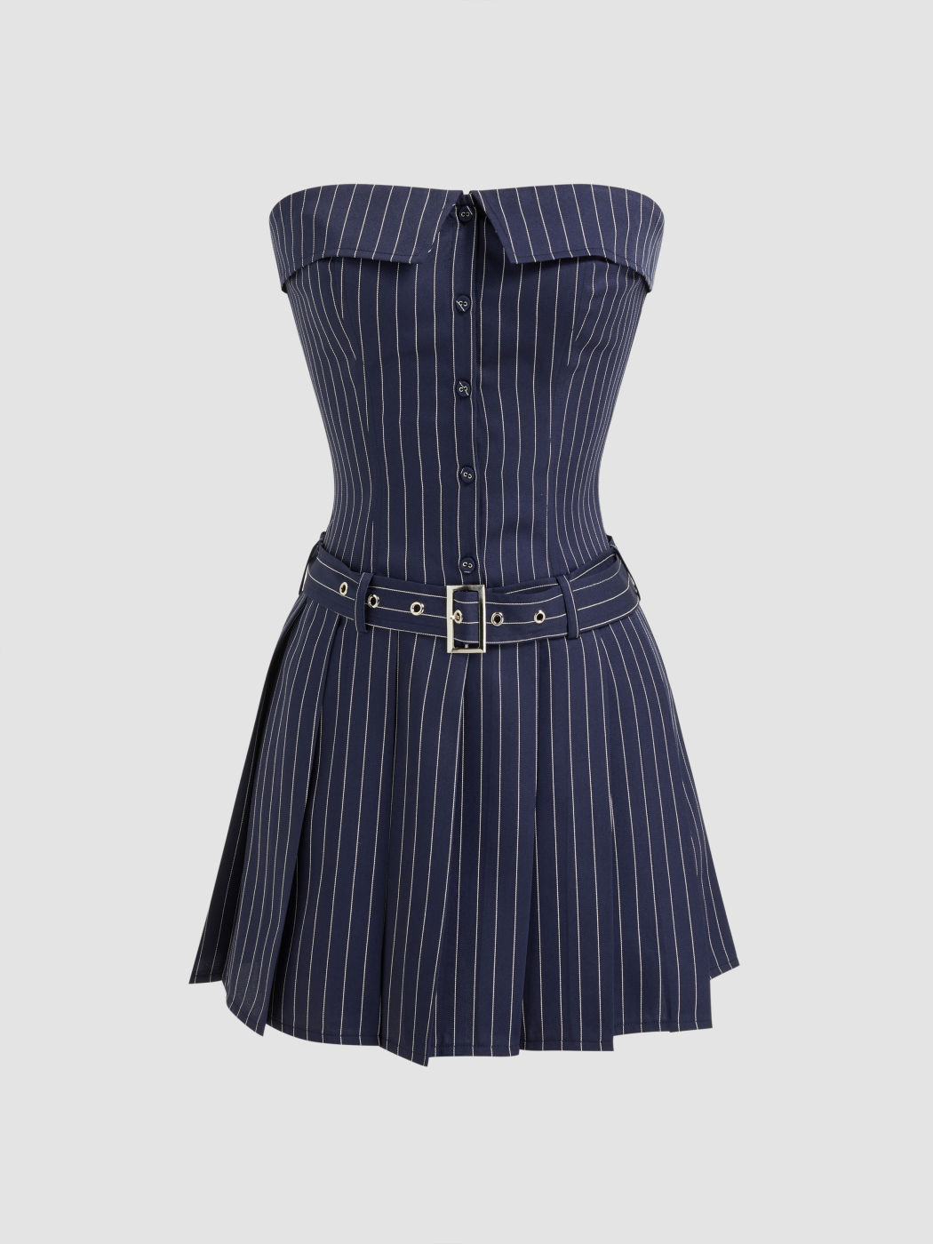 Stripe Pleated Shirred Fold Over Bandeau Dress With Belt