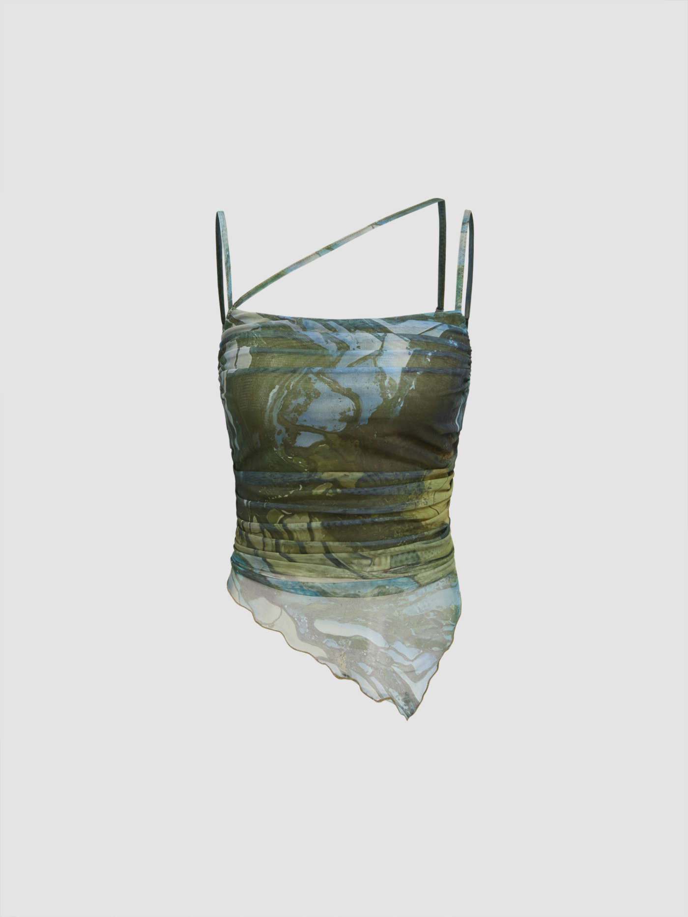 Mesh Abstract Print Lettuce Trim Asymmetrical Cami Top