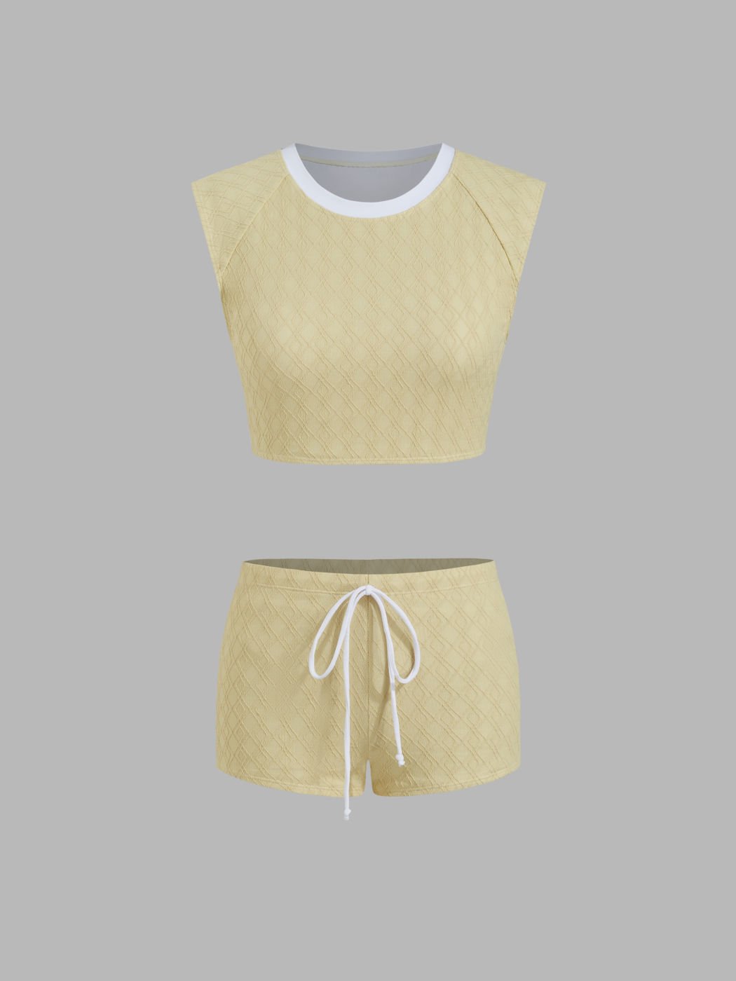 Texturiertes Rundhals-Tankini mit kontrastierenden Borten - Cheeky Bikiniset mit Shorts als Cover-Up und Reißverschluss