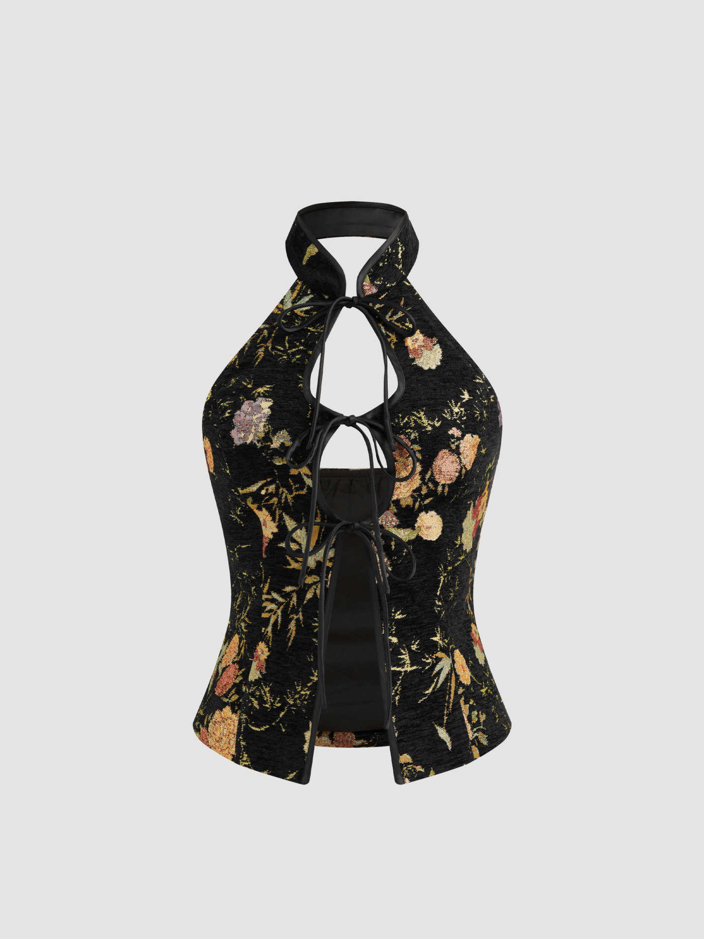 Jacquard Mandarin Collar Floral Tie Front Cut Out Tank Top