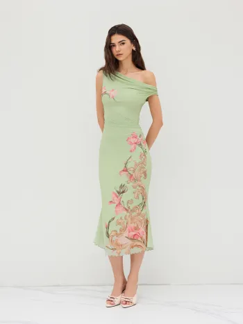 Florales, geruchtes Midi-Kleid mit Maschenstoff, asymmetrischer Halslinie und Salatrand