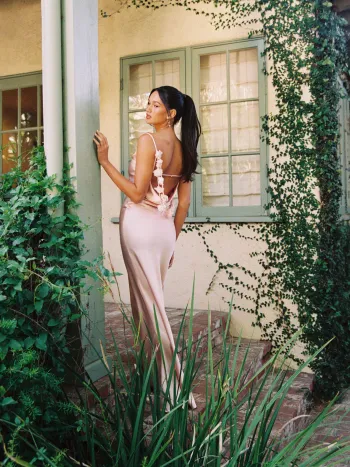 Satin Cowl Neck 3D Floral Ruched Mermaid Maxi Dress