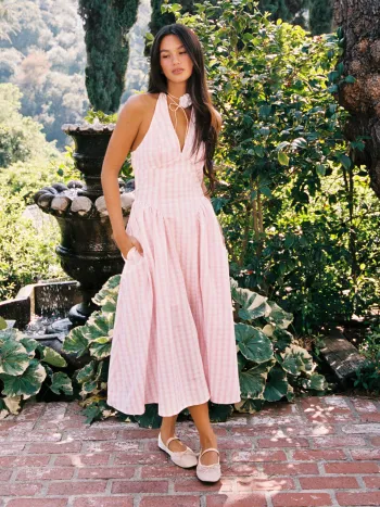 V-Ausschnitt Gingham Knopfloch Maxikleid