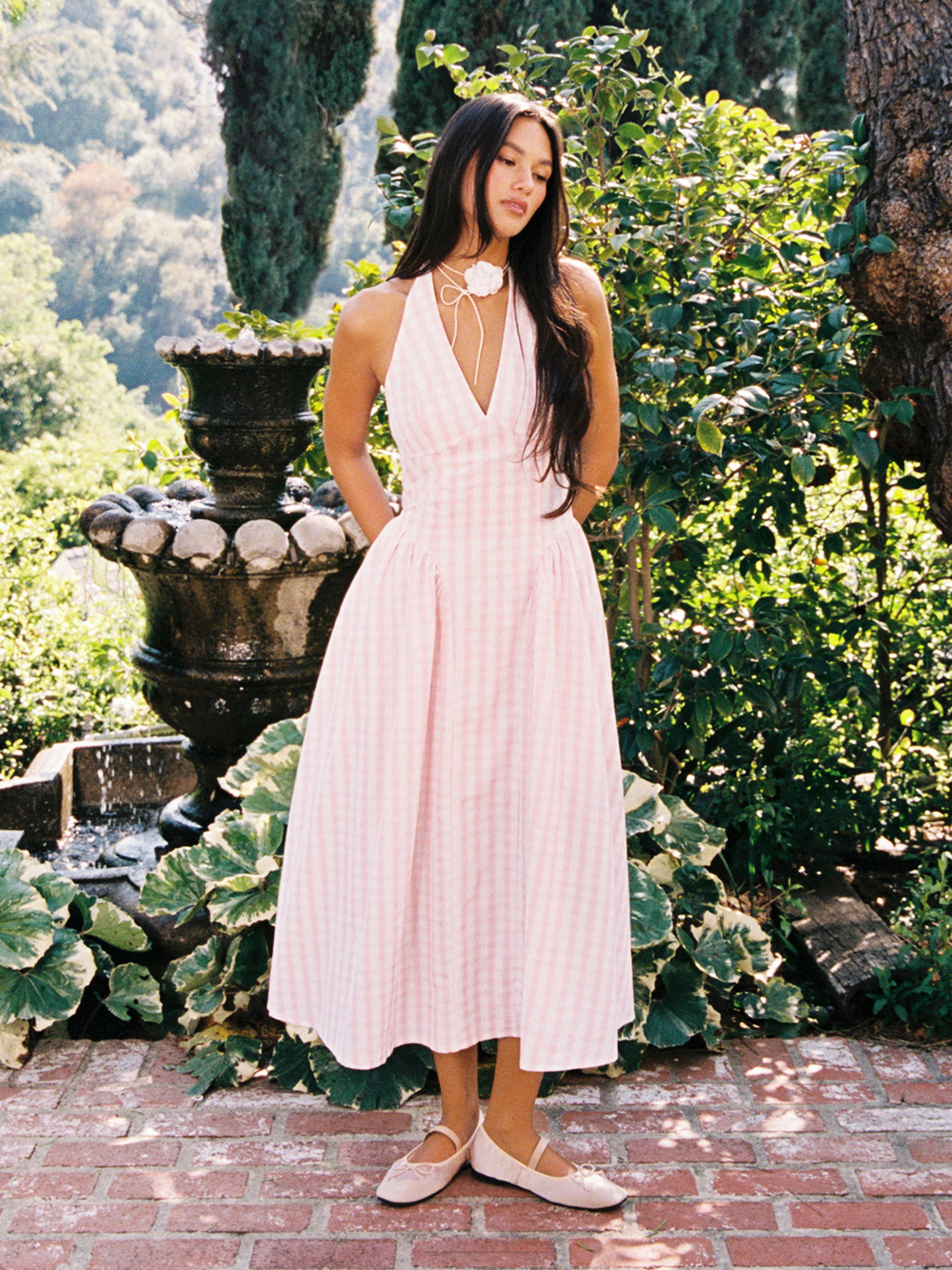 Woven V-neck Gingham Knotted Ruffle Maxi Dress For Vacation