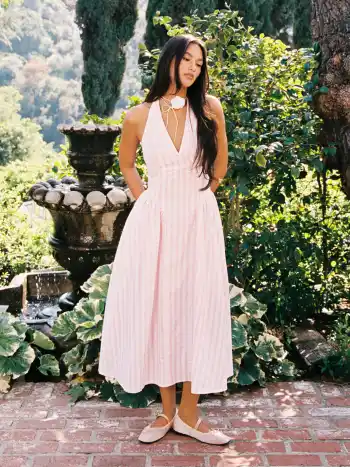 V-Ausschnitt Gingham Knopfloch Maxikleid