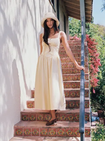 Cotton-blend Square Neck Lace Up Ruffle Maxi Dress