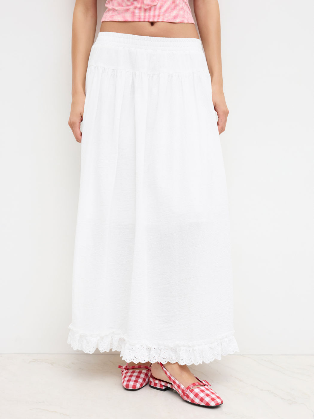 Baumwoll-Maxi-Skirt mit mittlerem Bund, elastischem Bund und englischer Stickerei