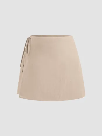 100% Cotton Mid Rise Solid Knotted Mini Skirt