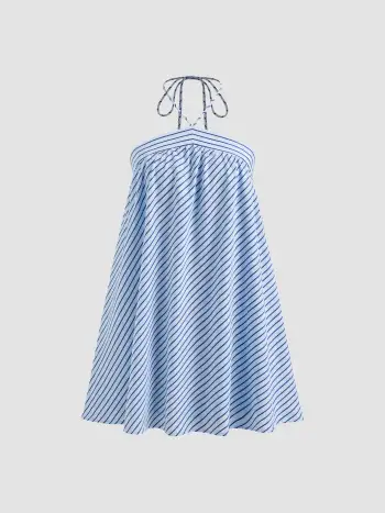 Cotton-blend Halter Neckline Stripe Mini Dress