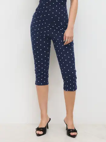 Knit Fabric Cotton-blend Mid Rise Polka Dot Capri Leggings For Daily Casual