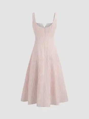 Square Neck Stripe Ruffle Hem Midi Dress
