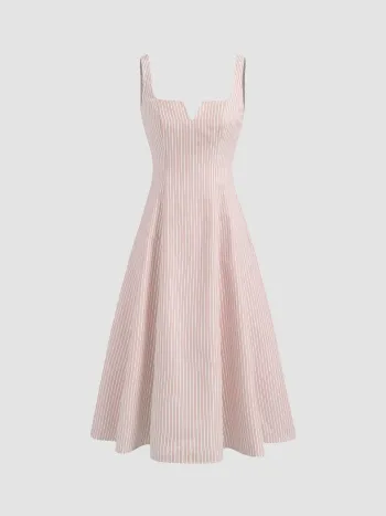 Square Neck Stripe Ruffle Hem Midi Dress