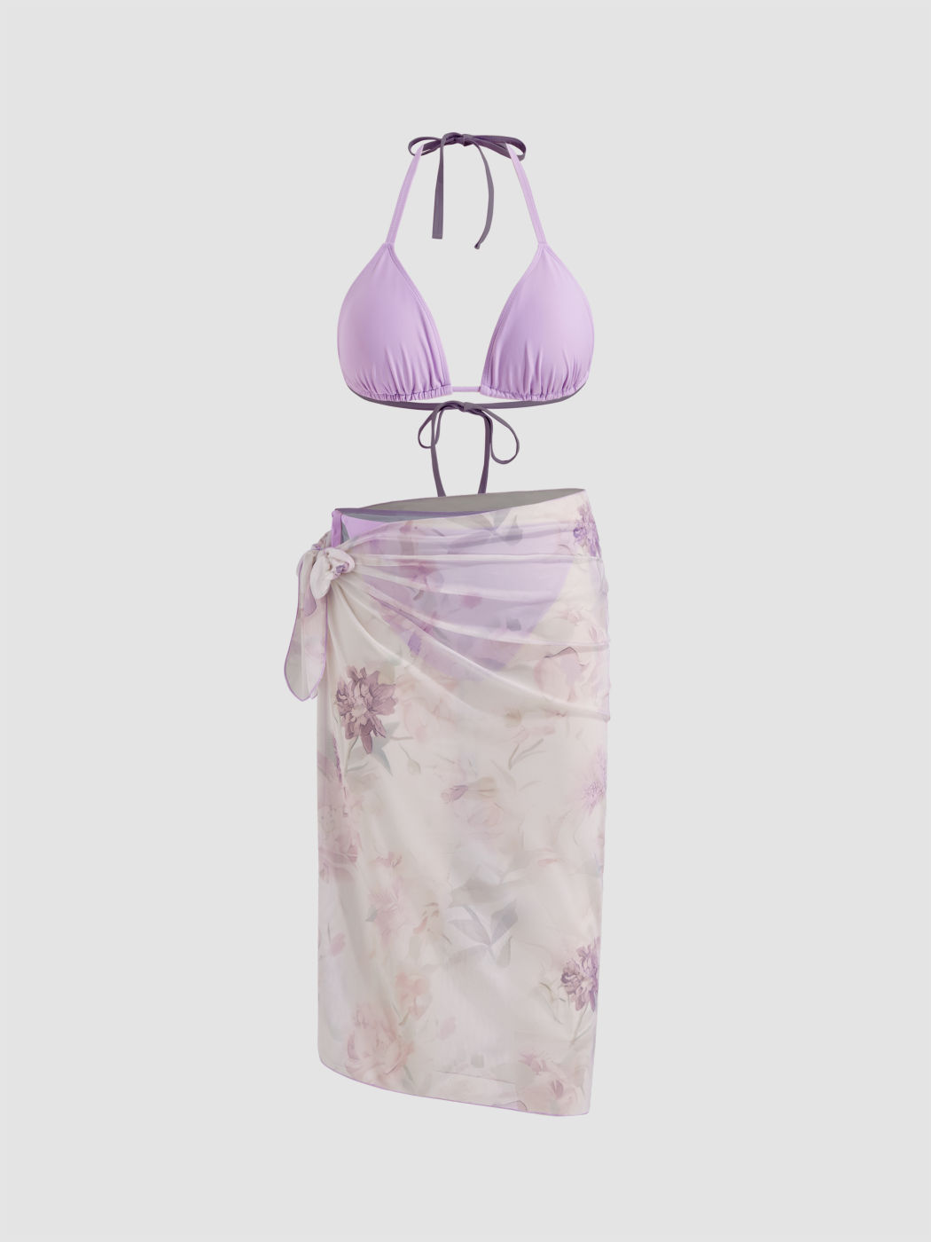 V-neck Knotted Halter Tie Side Bikini Set With Floral Sarong Curve & Plus