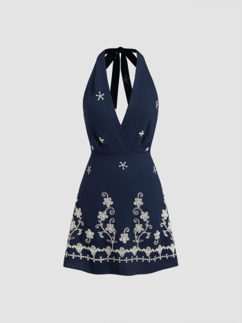 Halter V-Neck Floral Knotted Embroidery Mini Dress