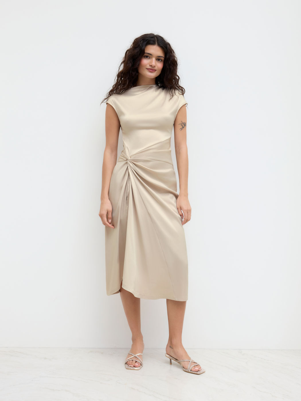 Satin Asymmetrical Neck Twist Split Midi Dress
