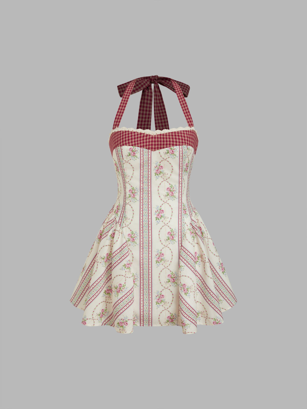 Halter Neckline Ruffle Hem Floral & Gingham Patched Bowknot Mini Dress