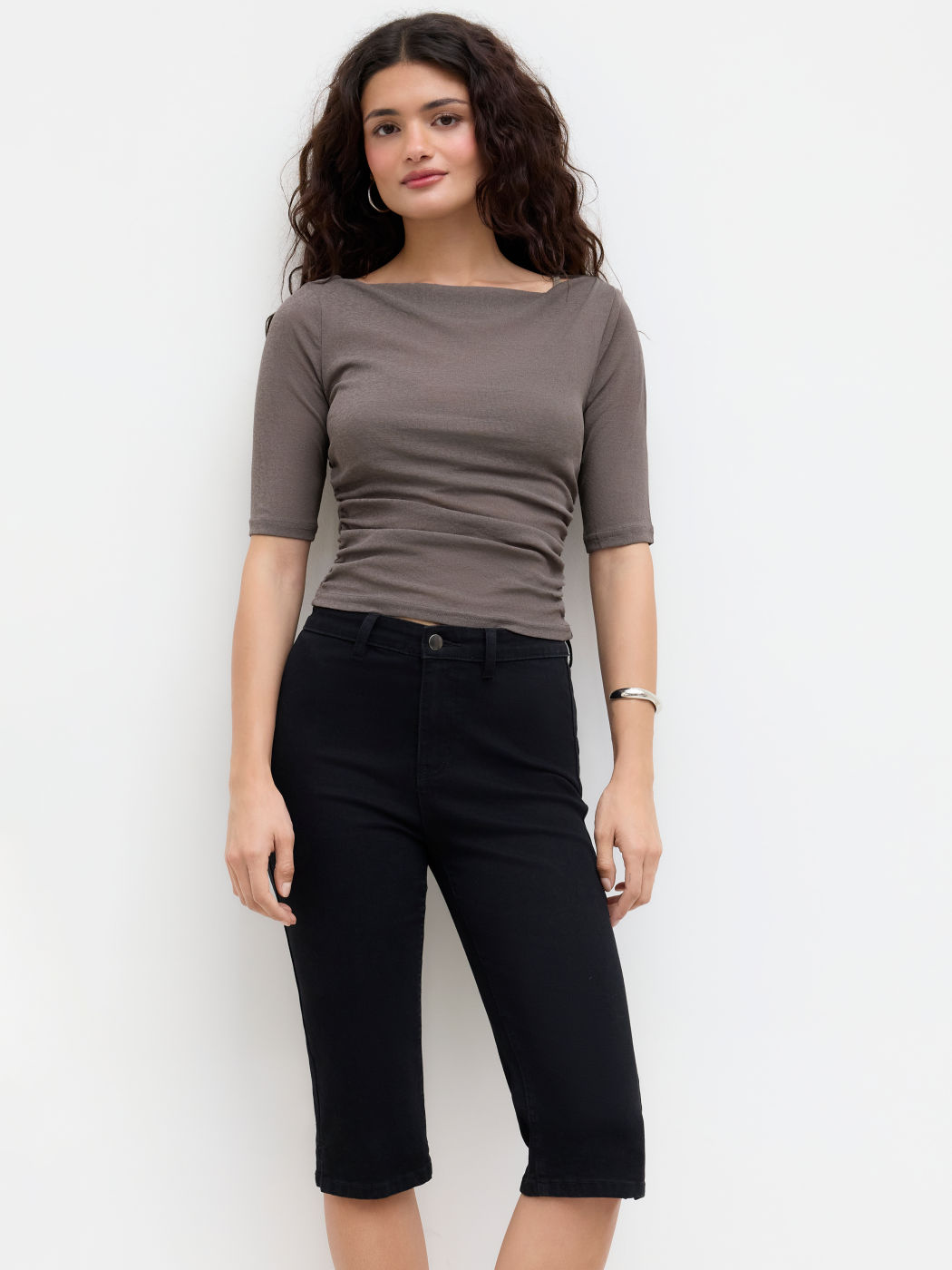Two Pieces Boat Neck Ruched Tee With Cami Top