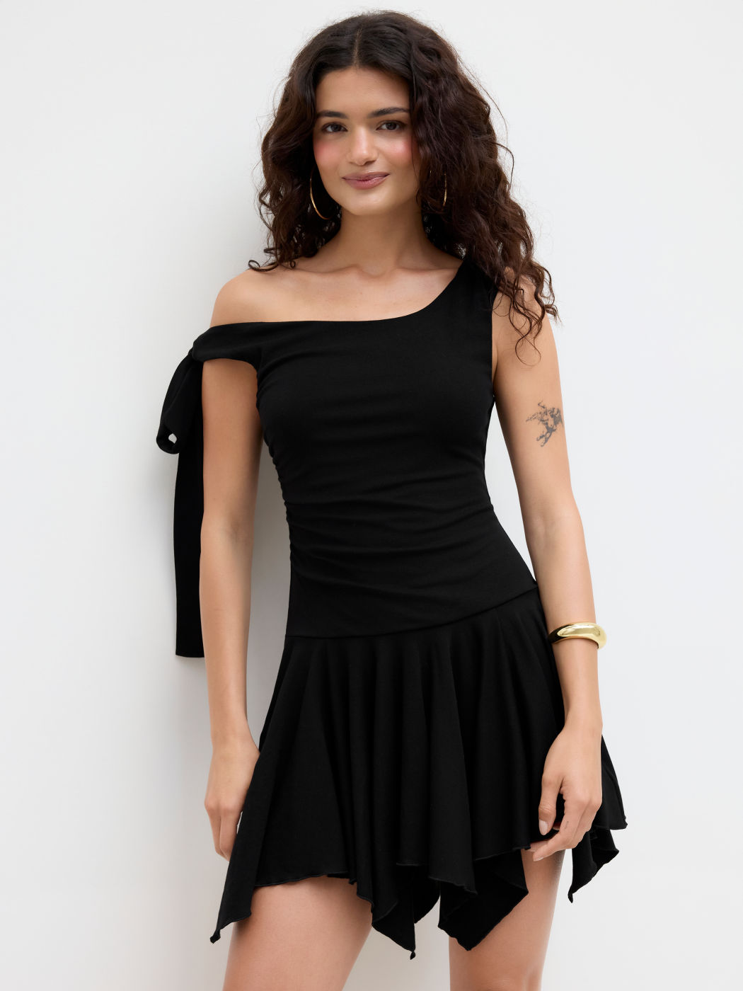 Cotton-blend Asymmetrical Neck Knotted Ruched Mini Dress