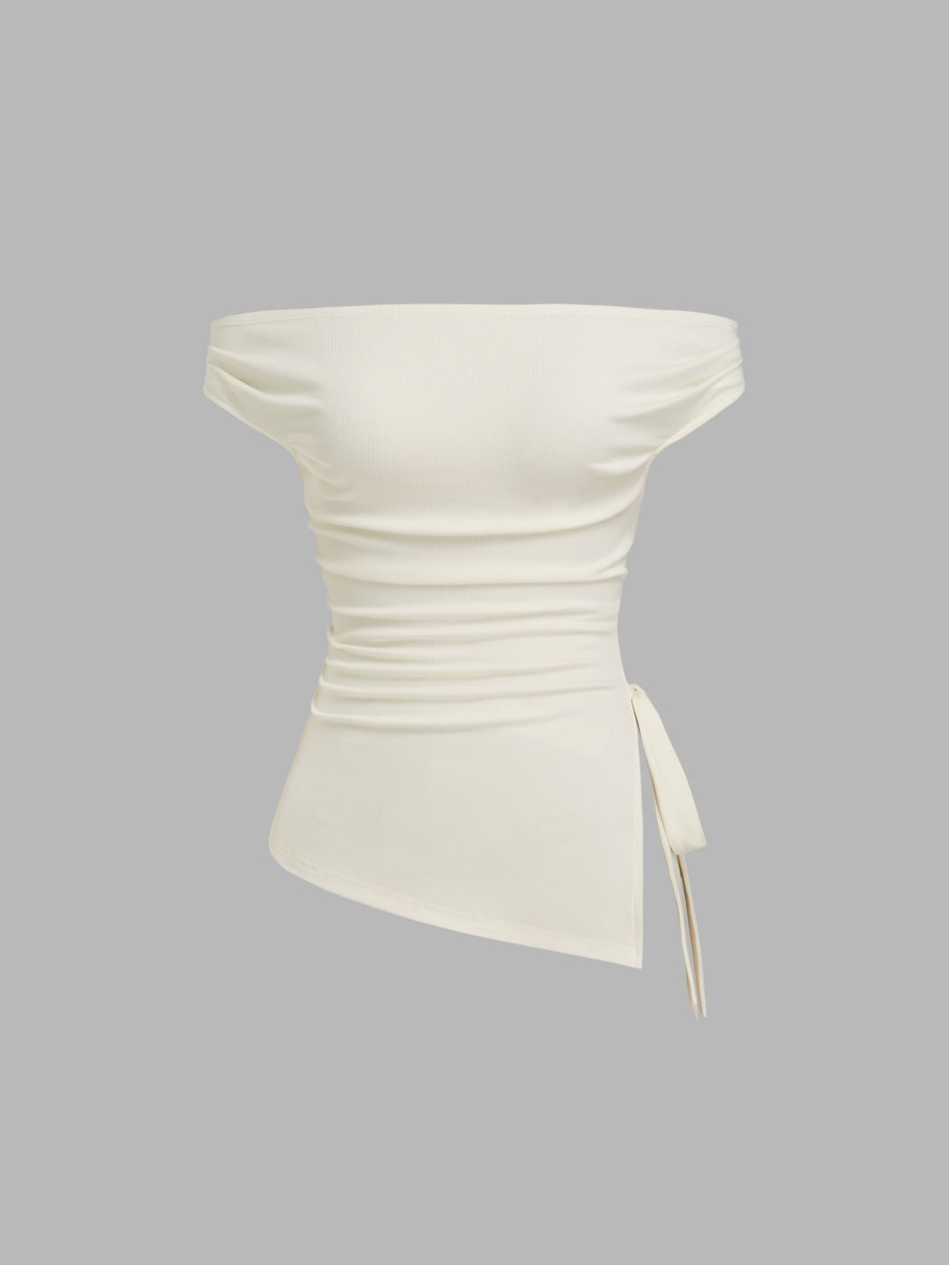 Off-shoulder geriffeltes und geknotetes Oberteil mit asymmetrischem Saum