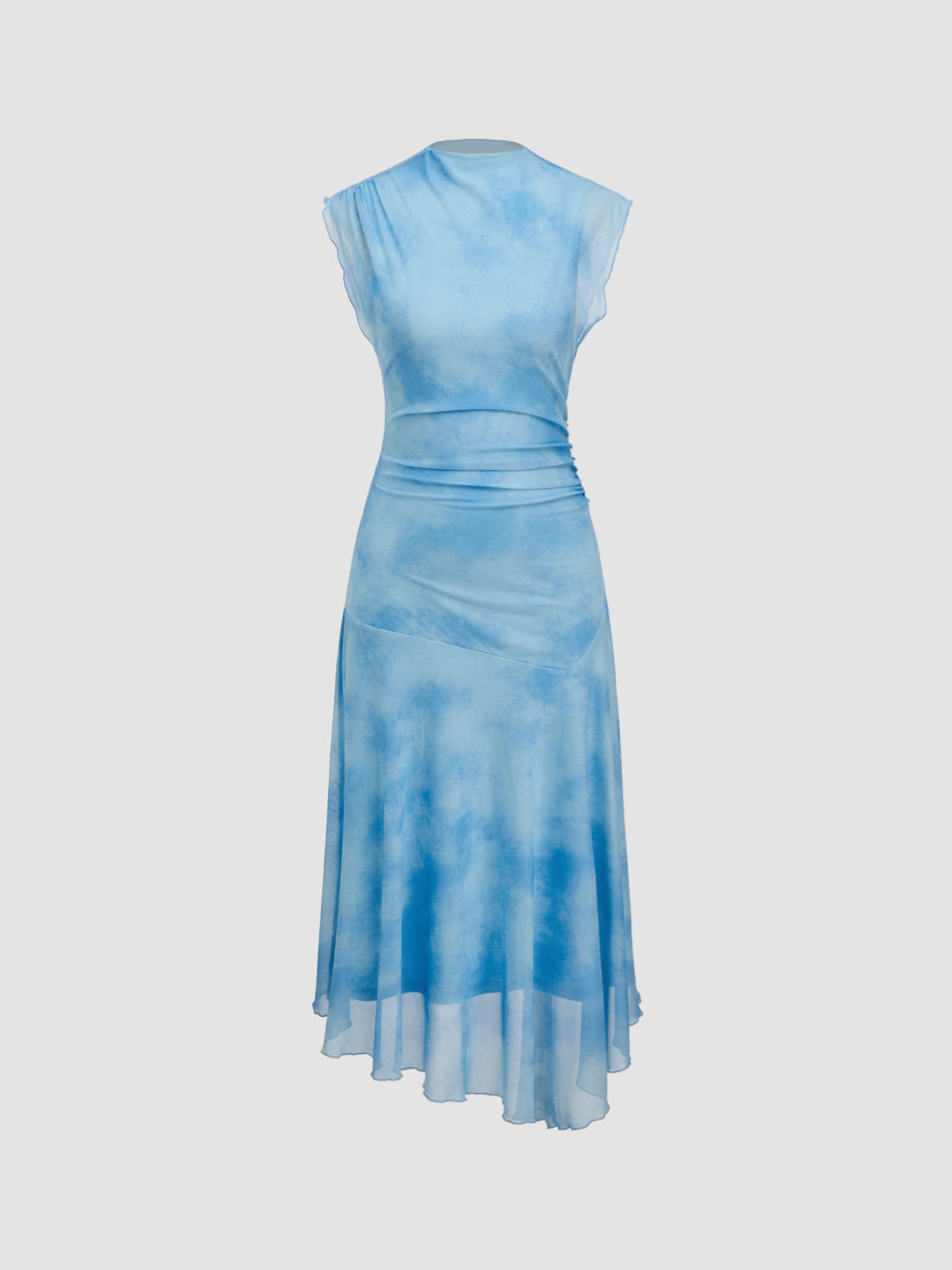 Mesh High Neck Ruched Asymmetrical Hem Illusion Midi Dress
